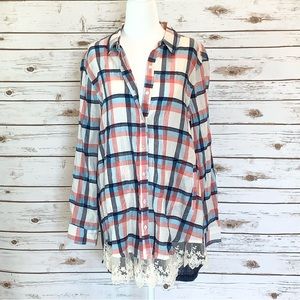 UMGEE BLUE AND CORAL PLAID SHIRT WITH LACE HEM